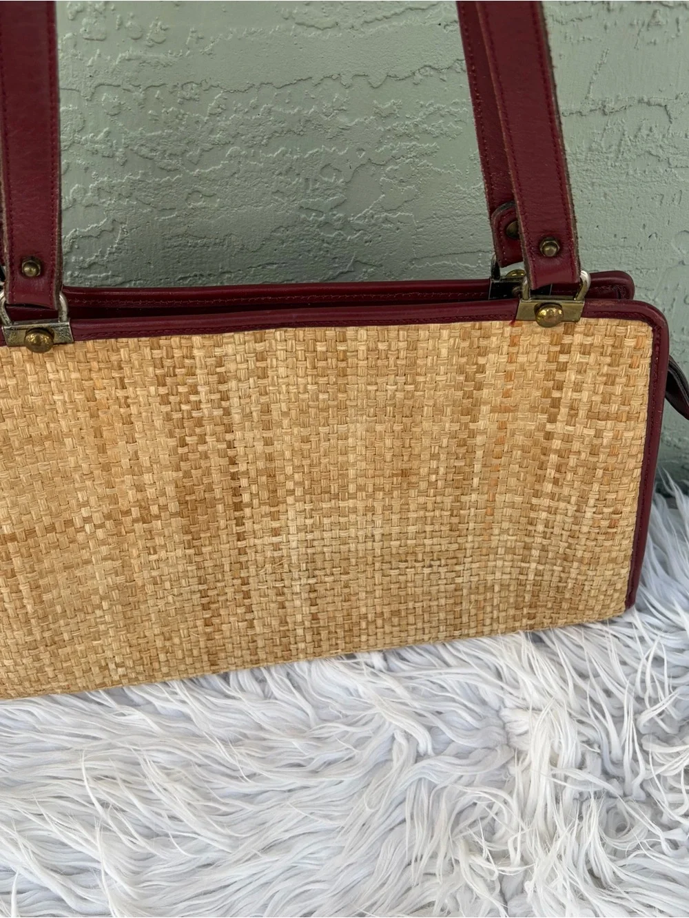 Vintage Etienne Aigner Natural Straw Shoulder Bag with Burgundy Trim - Picture 7 of 11